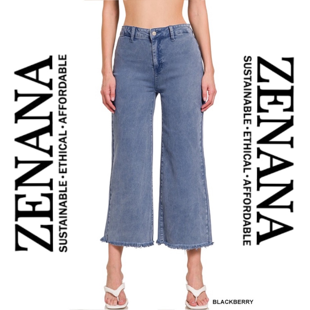 ZENANA | High Waist Acid Wash Frayed Hem Cropped Denim - Blackberry - NEW!